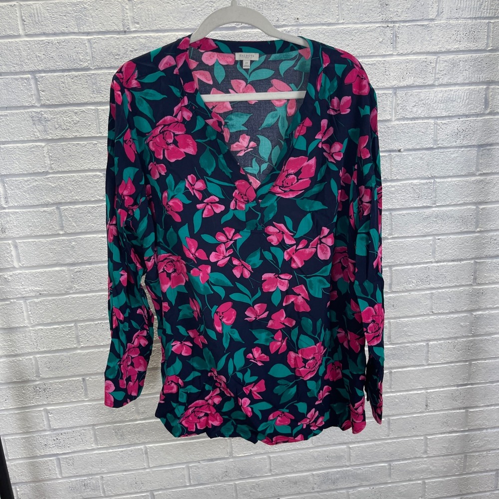 Talbots Floral Popover Top Womens 2X Pink Green Romantic Preppy